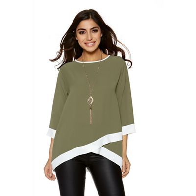 Khaki and cream contrast 3/4 sleeves necklace top